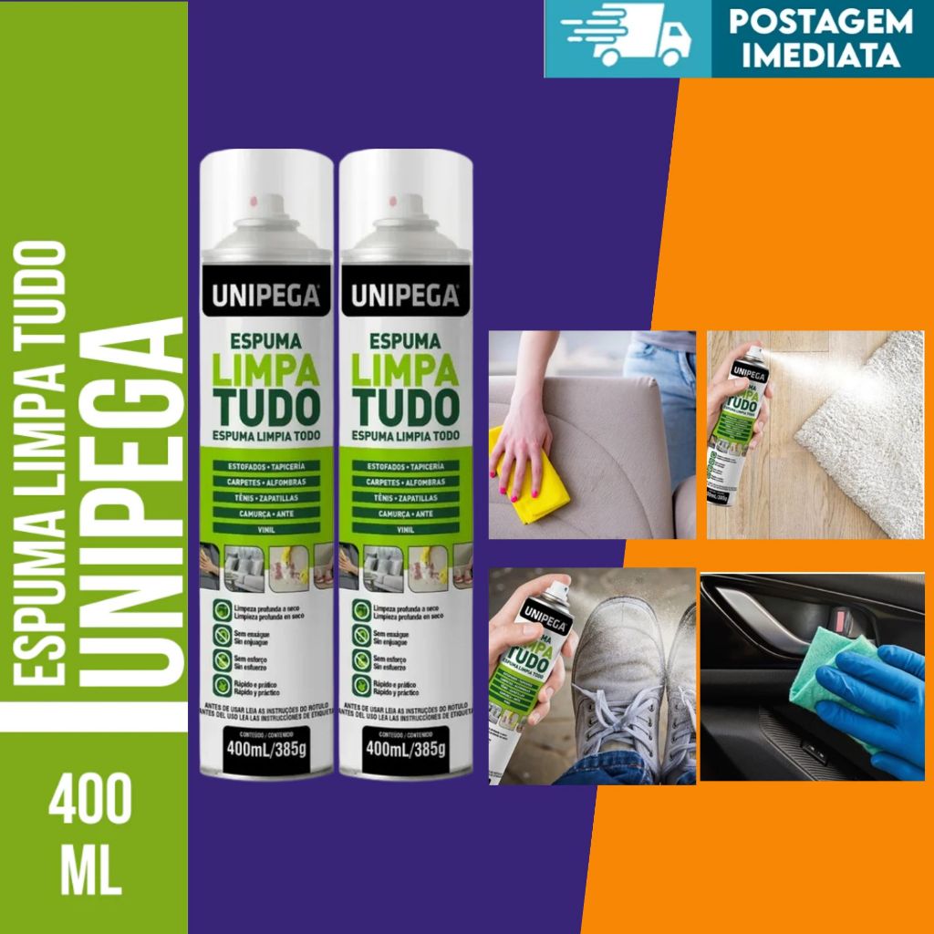 KIT 2 ESPUMA LIMPA TUDO 400ML COURO SOFÁ TÊNIS TAPETE UNIPEGA em Oferta na Shopee