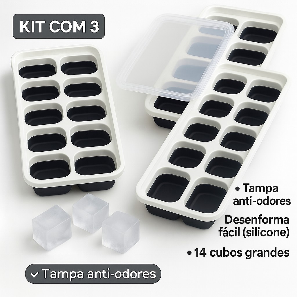 Forma de Gelo Silicone com Tampa – Kit com 3 | 14 cubos cada | Desenforma fácil | Tampa anti-odores