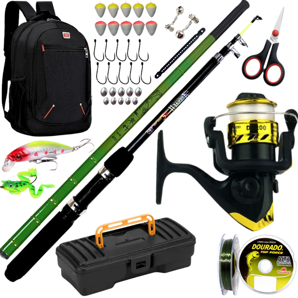 Molinete de Pesca com Vara Telescópica de Mão Mochila Isca Artificial Anzol Kit Pescar Bagre Robalo