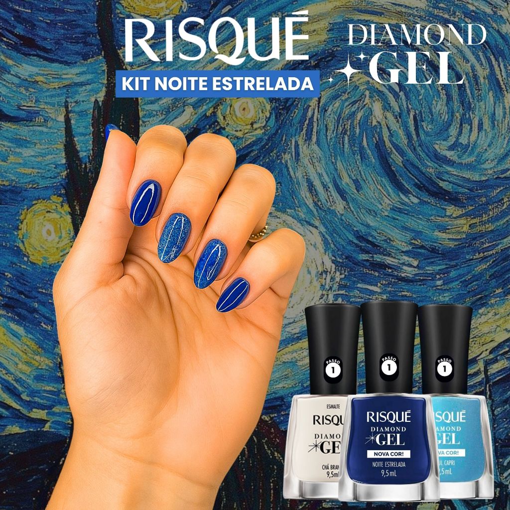 Esmaltes Risqué Noite Estrelada Van Gogh Esmaltes Diamond Gel Risque Tons Azul