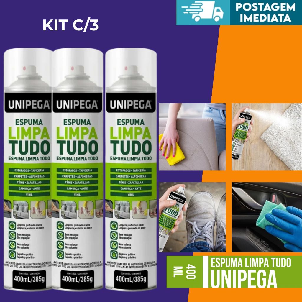 KIT 3 ESPUMA LIMPA TUDO 400ML COURO SOFÁ TÊNIS TAPETE UNIPEGA em Oferta na Shopee