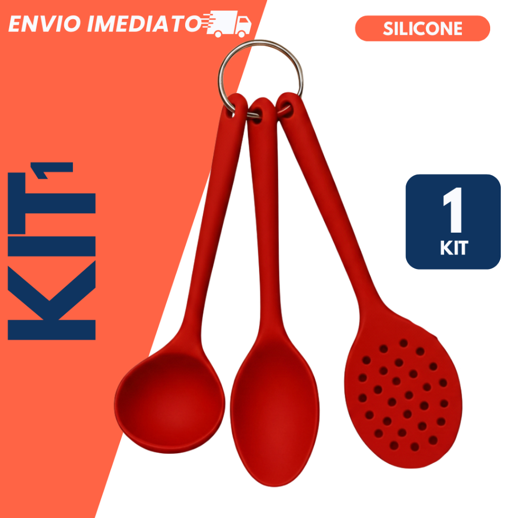 Kit Concha Colher e Escumadeira de Silicone 28cm Utensilio Cozinha Antiaderente Ergonômico Premium