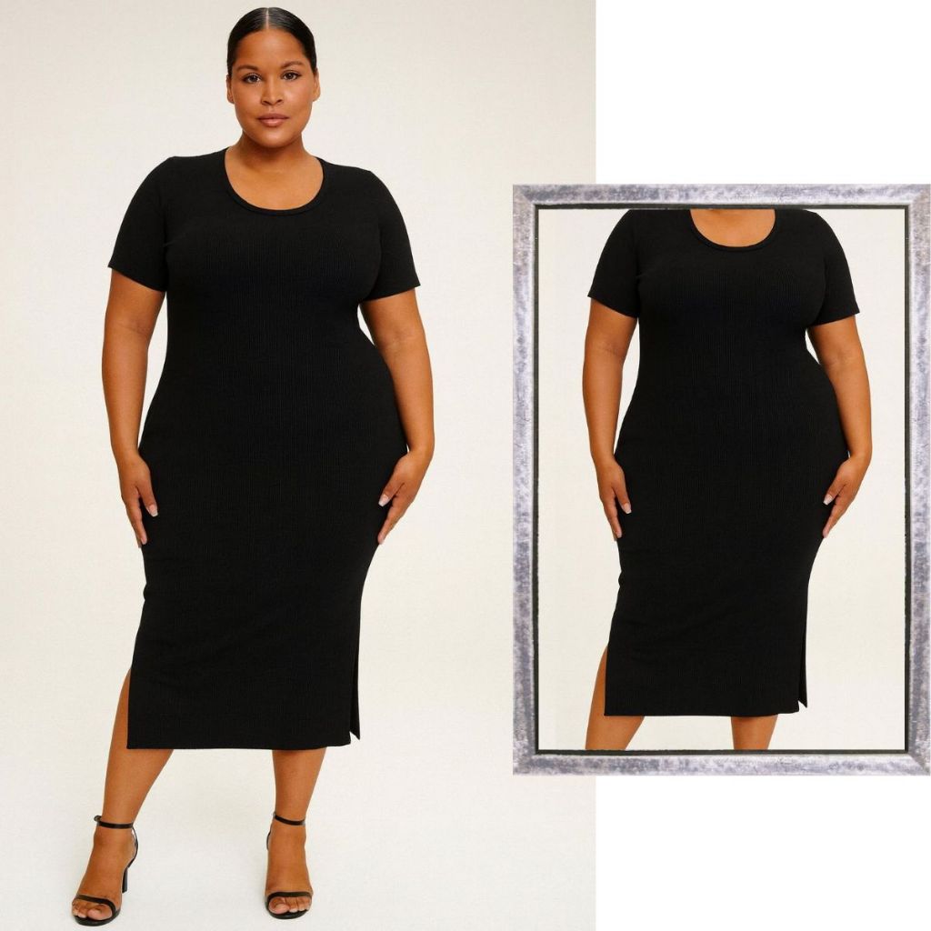 Vestido Midi Plus Size Com Manga Canelado Tubinho Fenda Lateral
