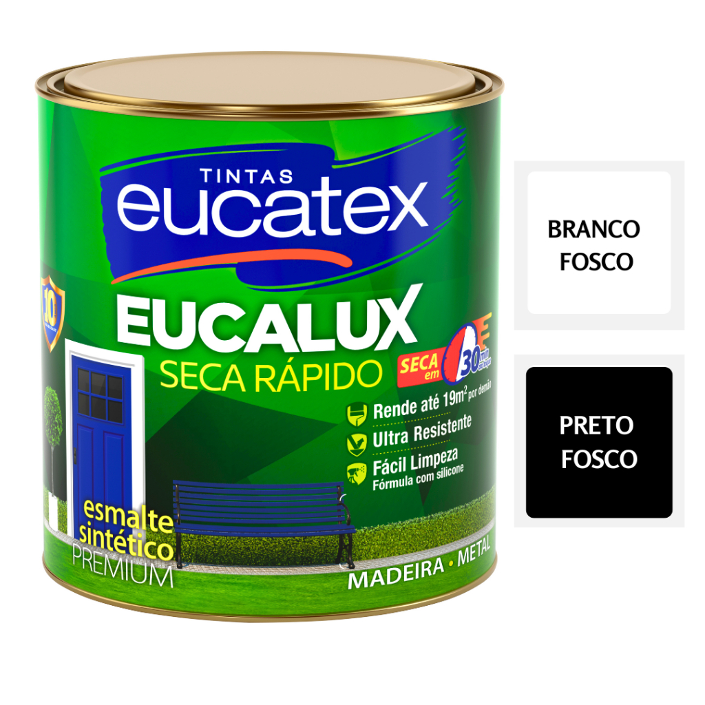Tinta Esmalte Eucalux 900ml 3,6L Preto Fosco e Branco Fosco P/ Ferro Madeira Piso Seca Rapido Eucatex