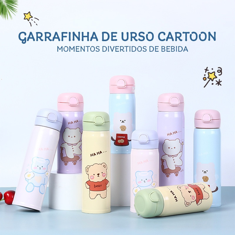Garrafa Térmico em Aço Inox com Canudo e Desenho Kawaii Garrafa de Água
