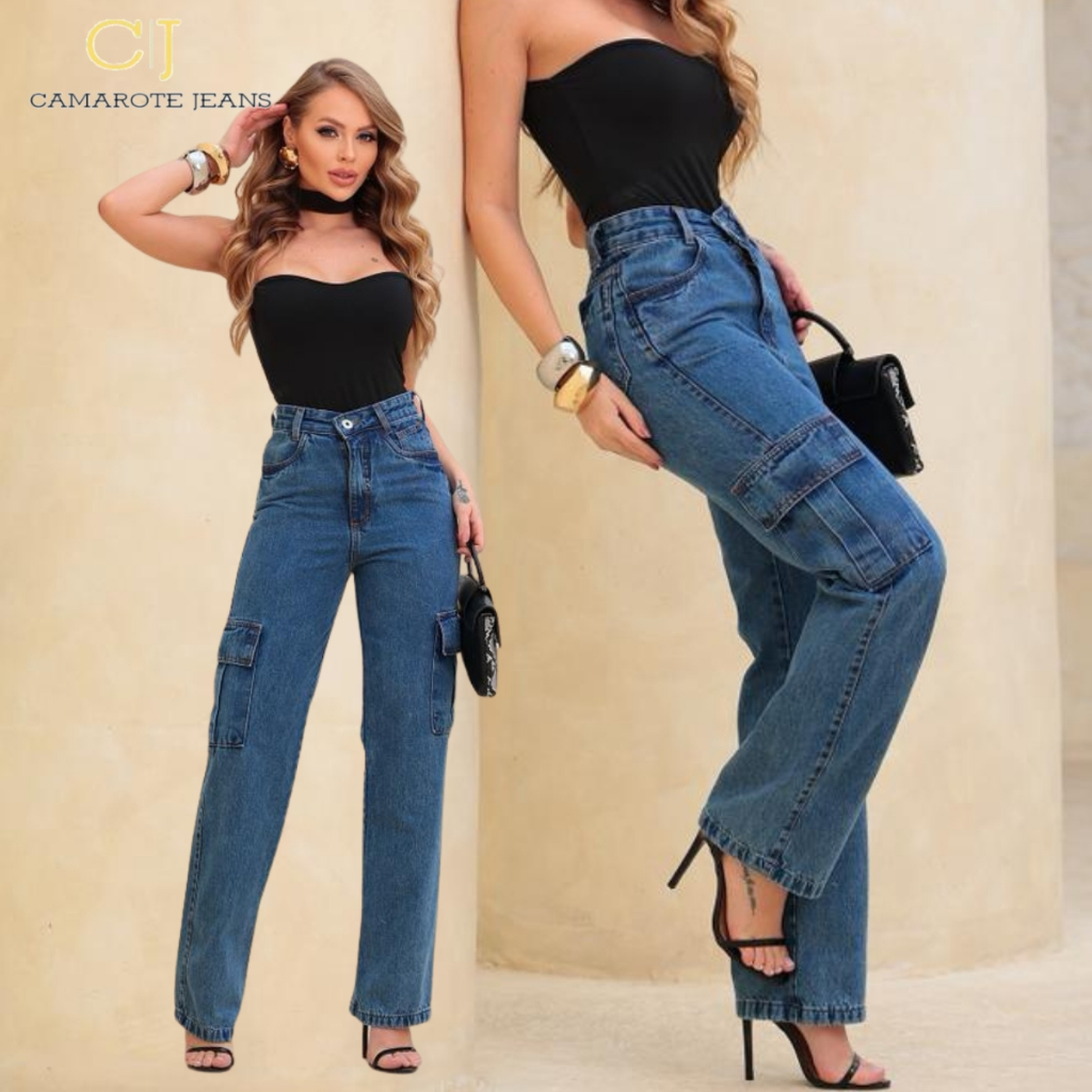 Calça Jeans Feminina Cargo Levanta Bumbum Cintura Alta - Nova Coleção