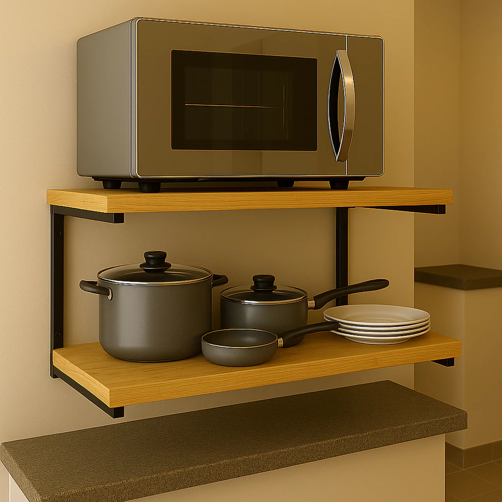Suporte Microondas Forno Air Frier Videogame Prateleira Suspensa 40cm e 50cm Metalon e Madeira Pinus