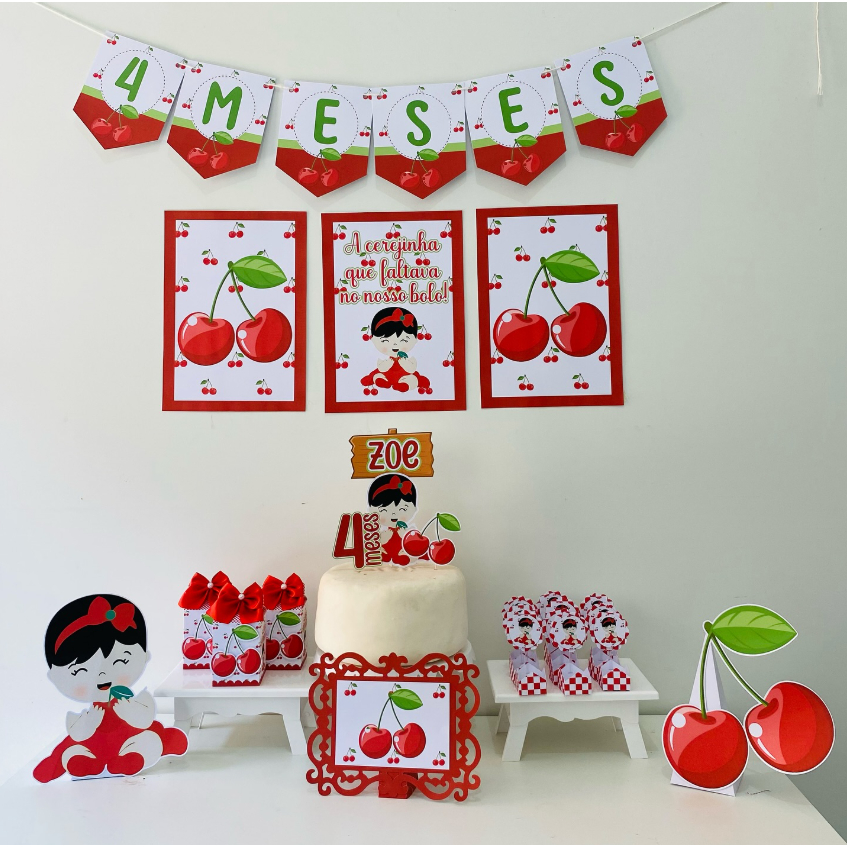 Kit Festa Cerejinha Menina Personalizado | Só Bolinho | Mesversário | Festa Aniversário Decoração Casa e Escola