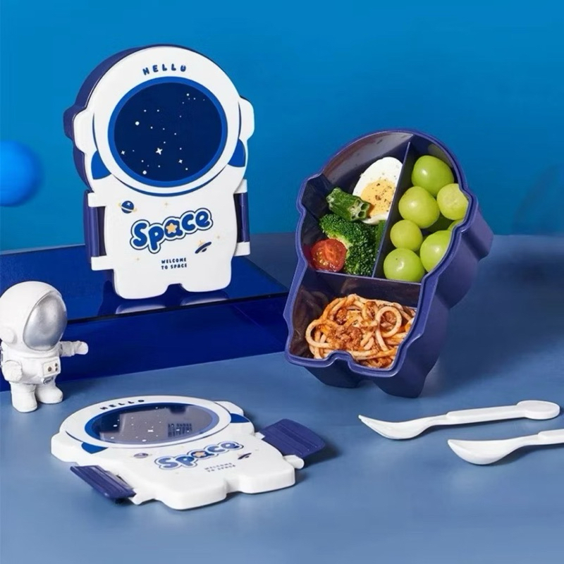 Marmita Escolar infantil Astronauta Lancheira C/ 3 Divisórias c/ talheres.Prática p/ levar para escola e passeios.