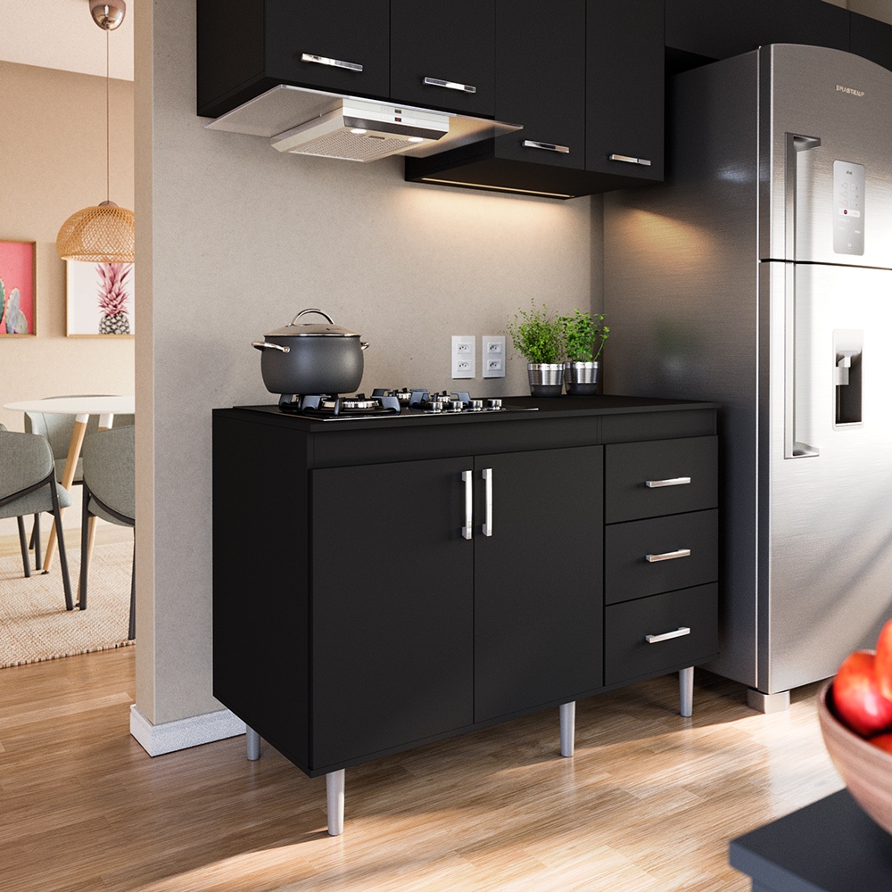 Balcão Armário Área Gourmet Sala de Jantar MDP Para Cooktop 1,20m 5 Bocas 2 Portas E 3 Gavetas Turim