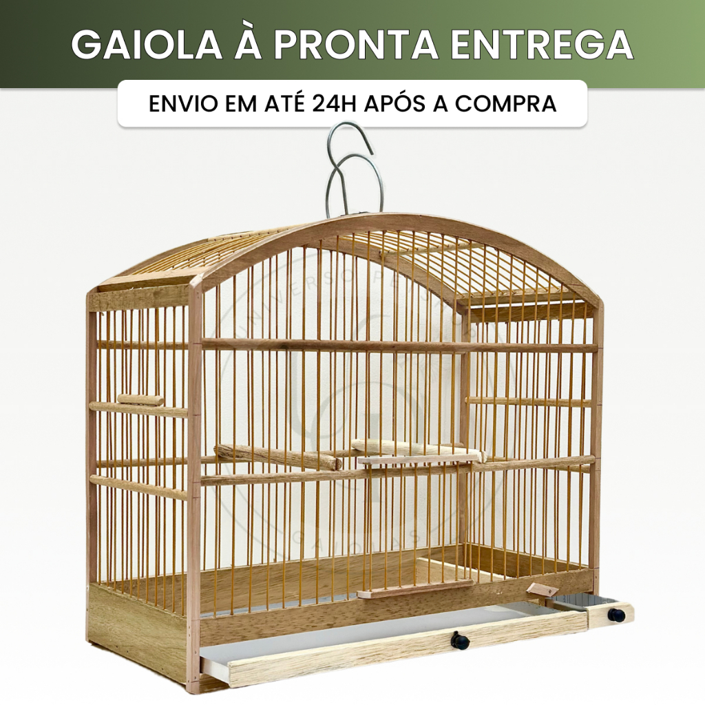Gaiola de Coleiro 37cm Simples Com Cocho Alumínio Fibra Madeira Bege Natural Pássaros Pequenos