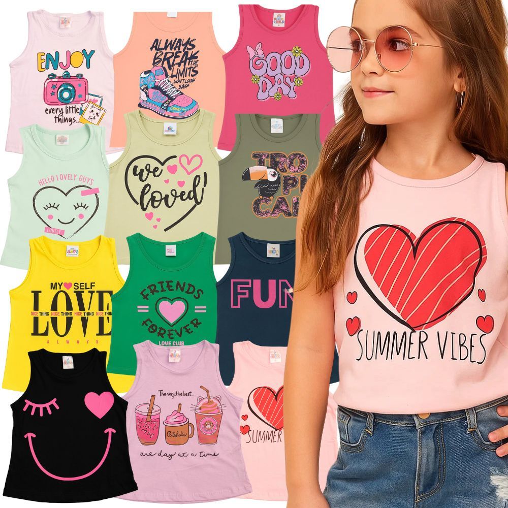 Kit 4 Regata Infantil Feminina do 2 ao 12 Sortido | Camisa Infantil 100% Algodão | Blusa Infantil