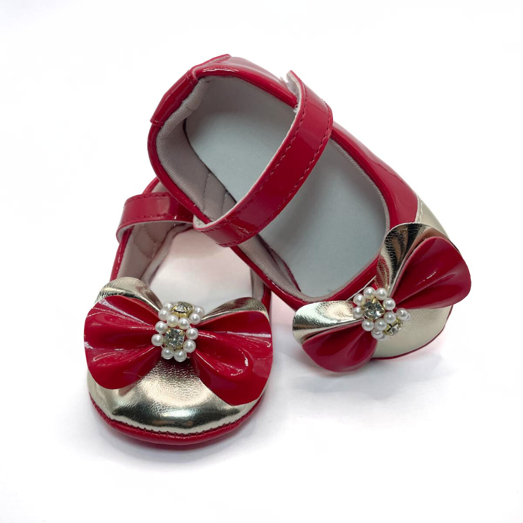 Sándalia Sapatilha Bebezinho Vermelho com Laço e Pérolas Confortável Calce Fácil para Meninas