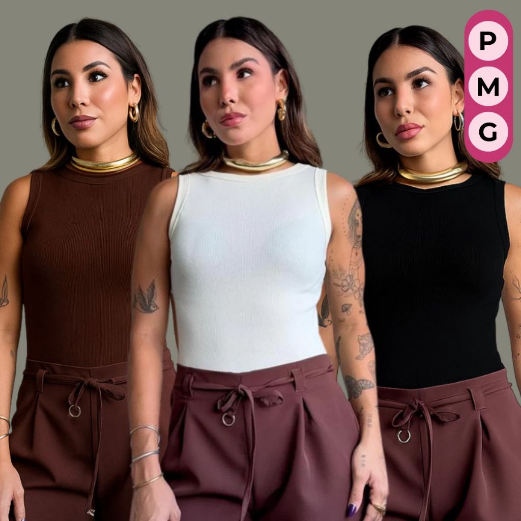 Kit 3 Blusa Feminina Regata Canelado Ribana Cores Sortidas Gola Redonda Confortável Estiloso