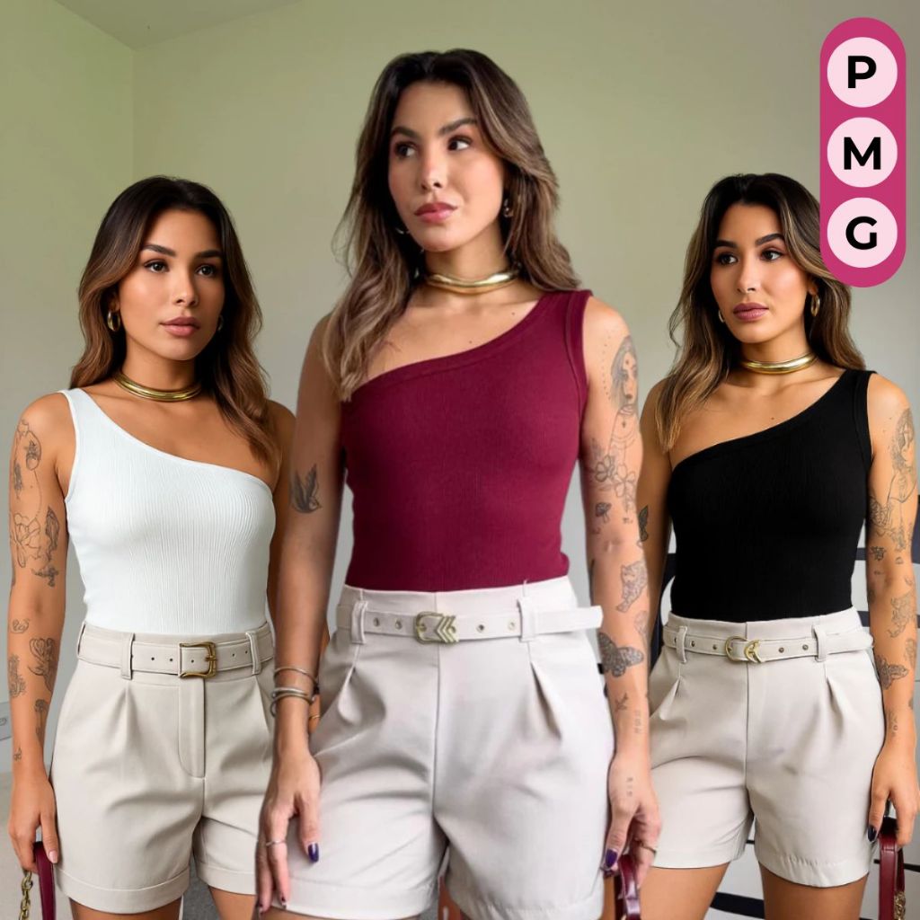 Kit 3 Blusa Feminina Cropped Ombro Só Canelado Ribana Cores Sortidas Confortável Estiloso