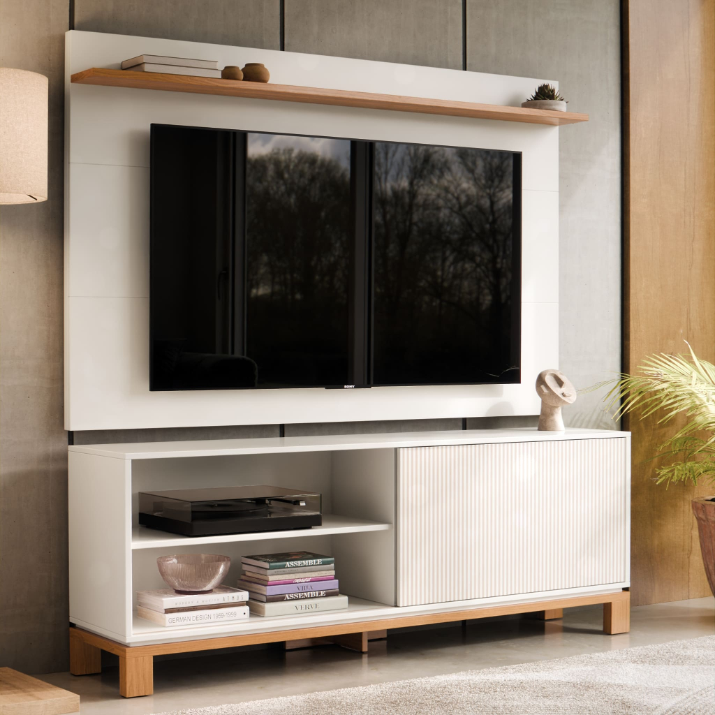 Rack com Painel para TV até 55 Polegadas Off White Moderno Sala Estar Porta Prateleira Minimalista em Oferta na Shopee