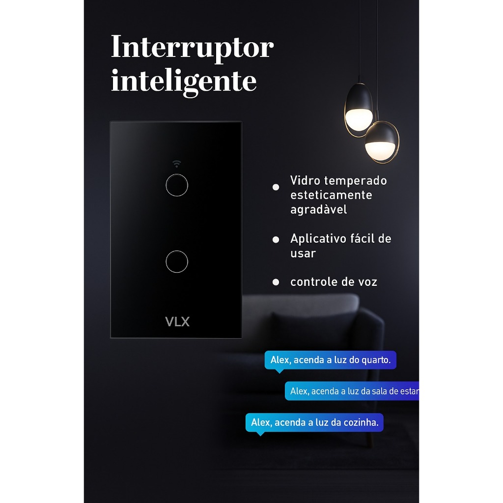 Interruptor Inteligente WiFi Touch 2 Botões Compatível com VOZ Alexa e Google Assistant VLX