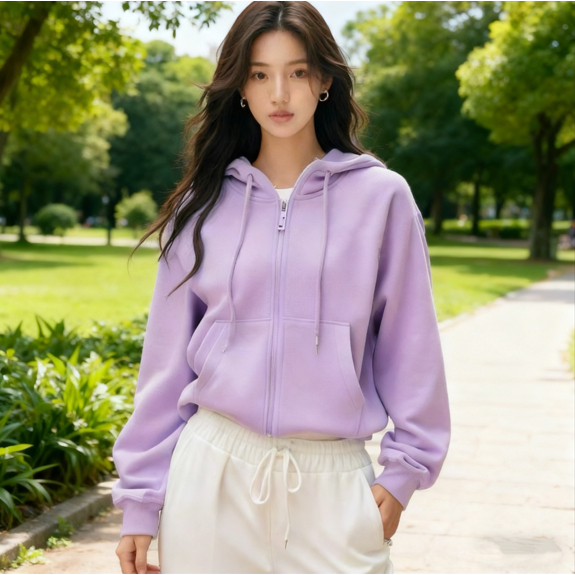 Blusa Moletom Com Ziper Liso Canguru com Capuz Feminina