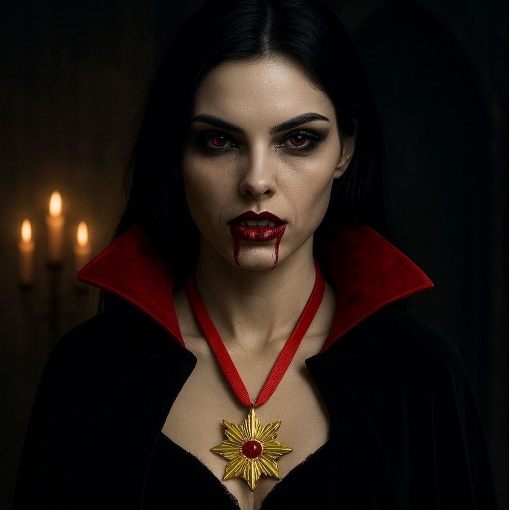 Kit Fantasia Vampira Feminino Drácula Dentes Presa Sangue Falso Colar Dourado Gótico Capa Luxo