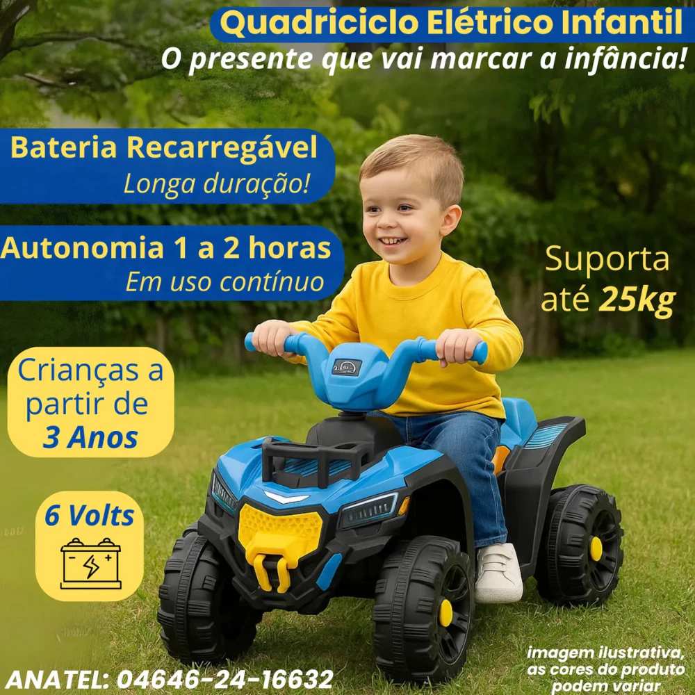 Quadriciclo Elétrico Infantil 6V - Azul carrinho de passeio eletrico com luz led farol