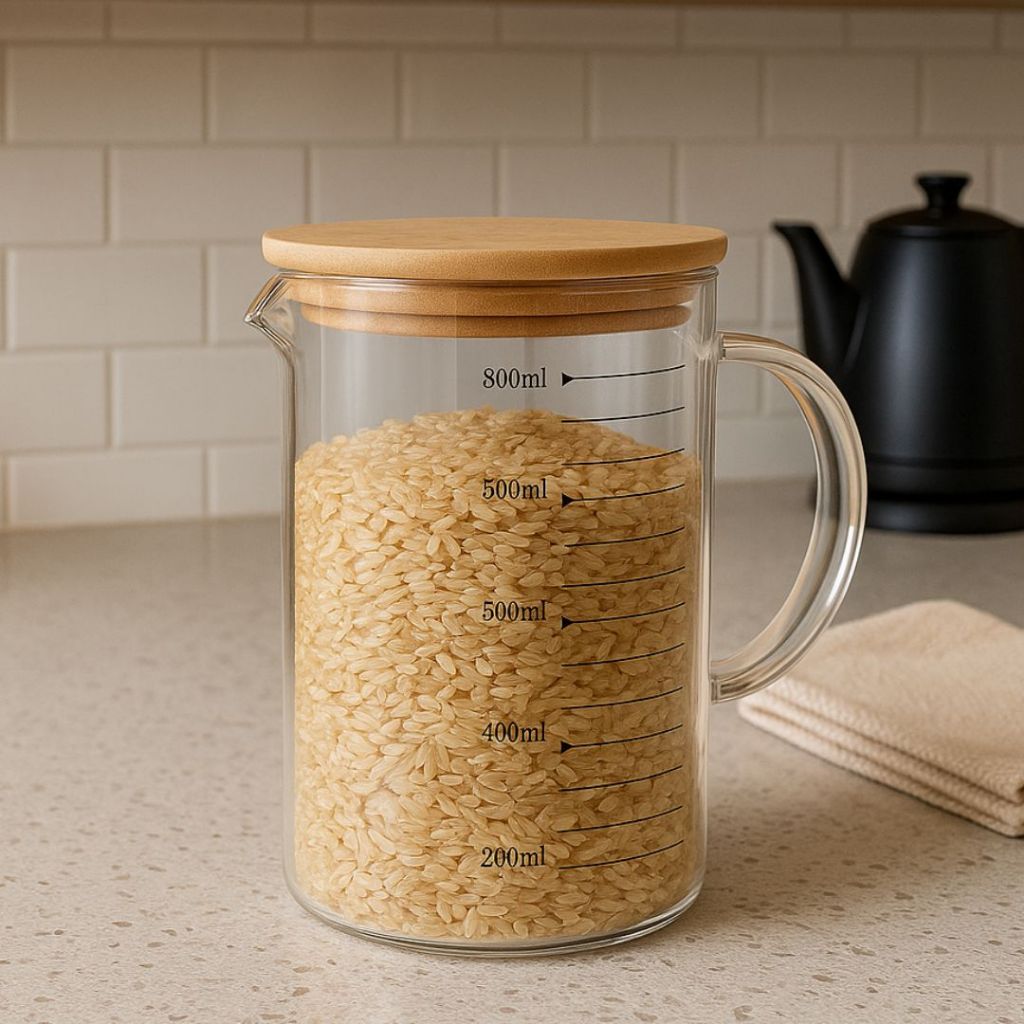 Jarra Medidora em Vidro com Tampa de Bambu 1 Litro