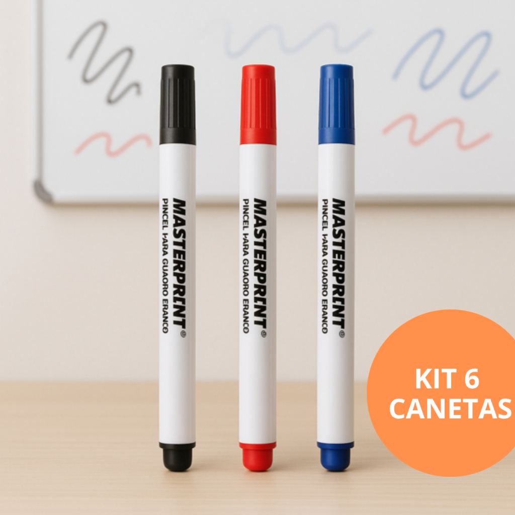KIT Canetas Quadro Branco cores Preto, Vermelho e Azul Masterprint Pincel Marcador Vidros Canetão
