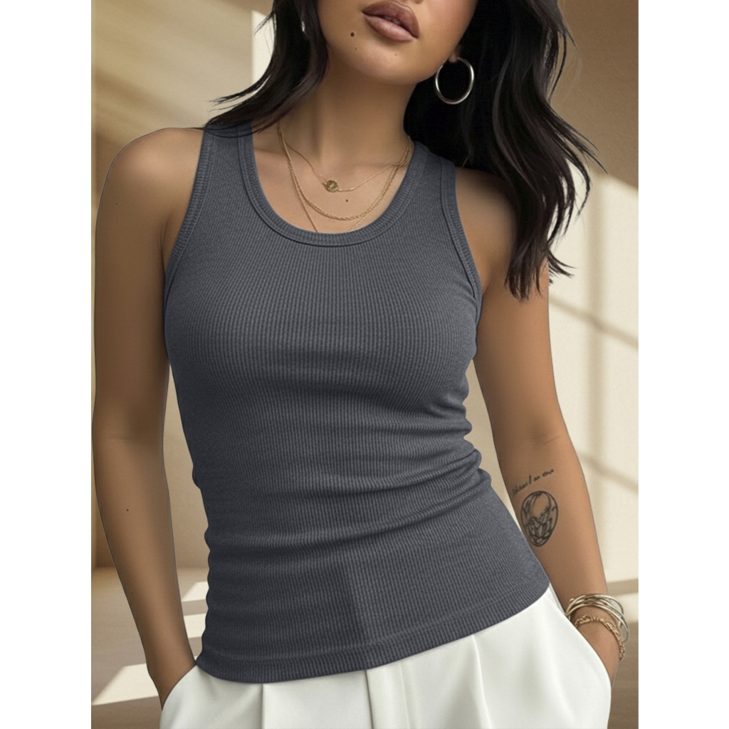 Regata Básica Gola Redonda Canelada Blusinha Cropped Feminina Modelo Americana Casual