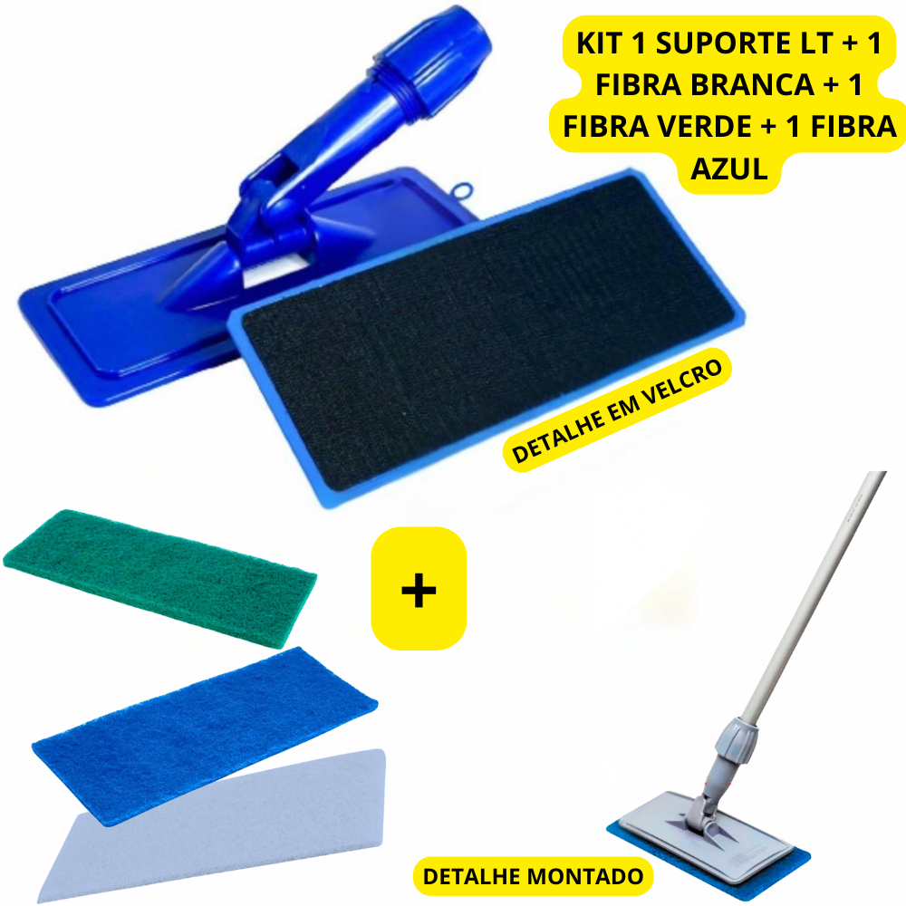 Kit Mop Lt Articulado + 3 Fibras Limpa Pisos, Porcelanatos, Vidros, Espelhos, Laminados, Ceramicas, Louças, Box, Janelas em Oferta na Shopee