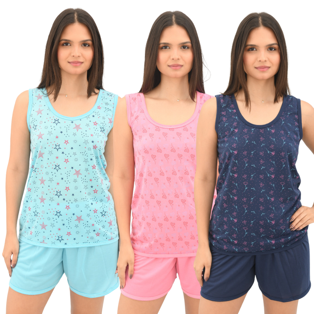 Pijama Babydoll Regata Estampado Fundo Branco com Short Liso em Malha Confortável Feminino em Oferta na Shopee