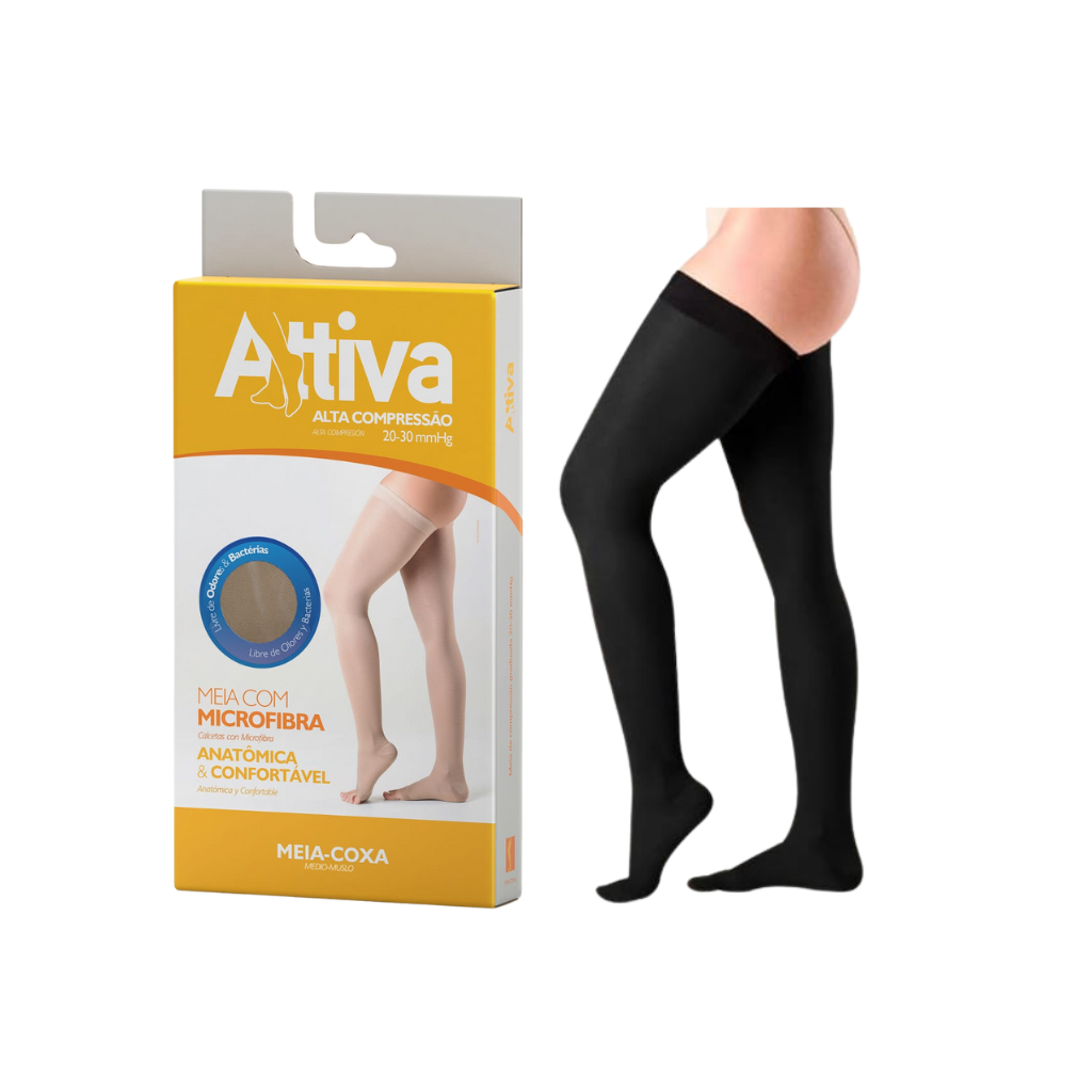Meia Coxa 7/8 Attiva Alta Compressão 20-30mmHg Cor preta Ponteira Fechada