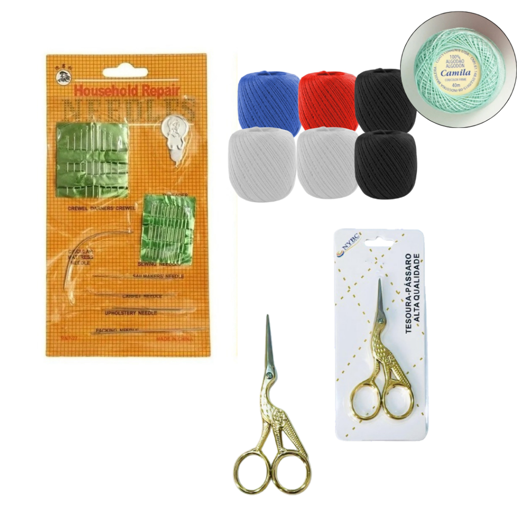 Kit Bordado Completo Tesoura Garça Ponta Fina Agulheiro 26 peças + 6 Novelos Camila 40m Sortidos em Oferta na Shopee