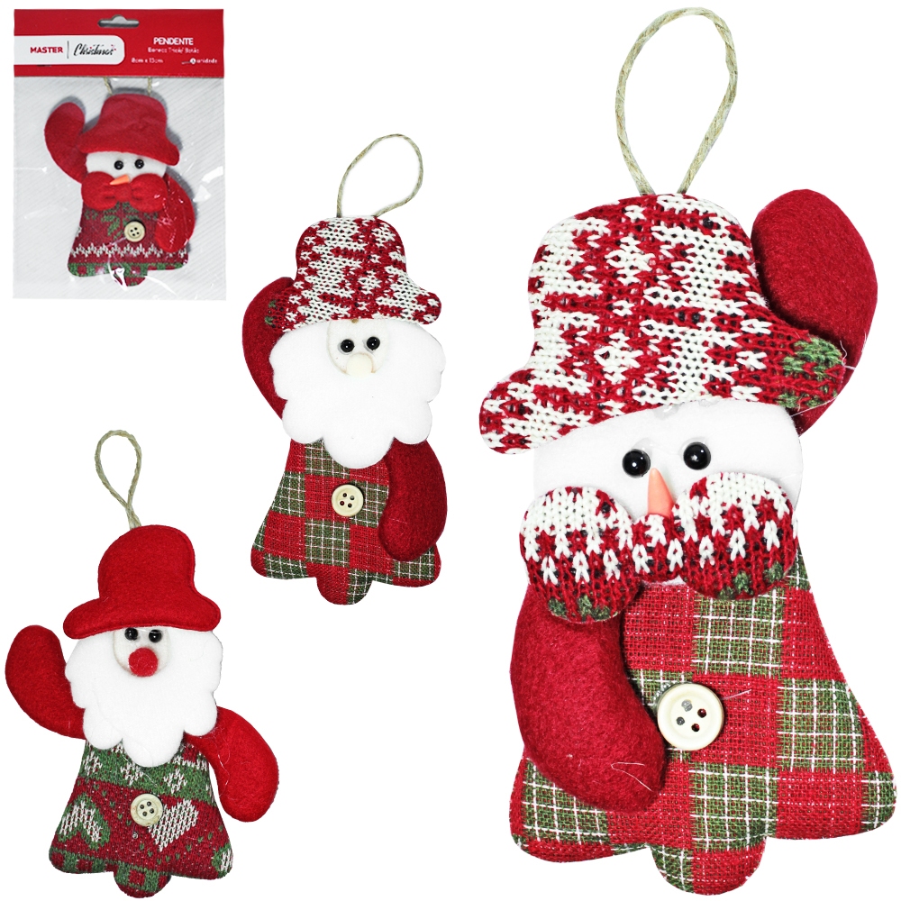 Pendente Natalino Papai Noel / Boneco de Neve com Guizo Tricô Xadrez 24x13cm–Enfeite Decorativo