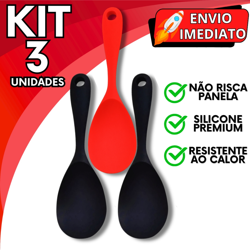 KIT Jogo 3 Colher de Servir Utensílios de Cozinha em Silicone Premium Super Resistente Não Risca Panela para Casa
