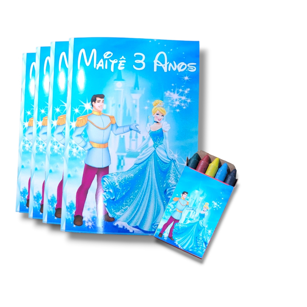 Livrinho de Colorir + Giz de Cera Personalizado Tema Cinderela