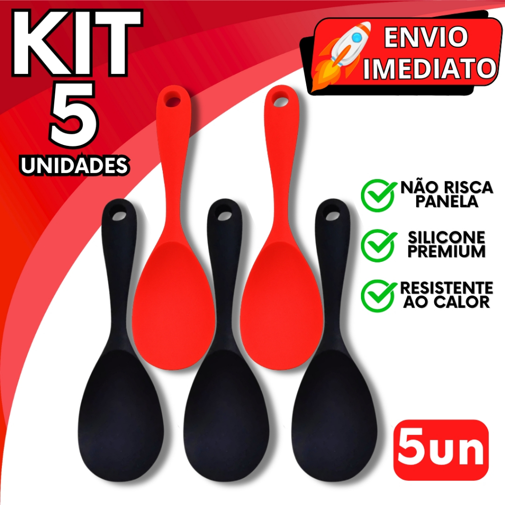 Imagem KIT Jogo 5 Colher de Servir Utensílios de Cozinha em Silicone Premium Super Resistente Não Risca Panela para Casa