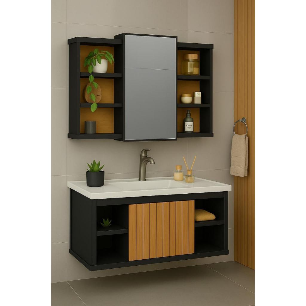 Conjunto Gabinete Espelheira Cuba Completo Com Porta Nichos E Espelho KIT ESPANHA