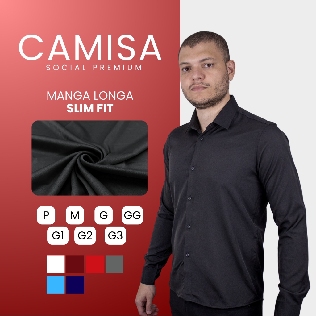 Camisa Social Masculina Manga Longa Plus Size Slim Lisa