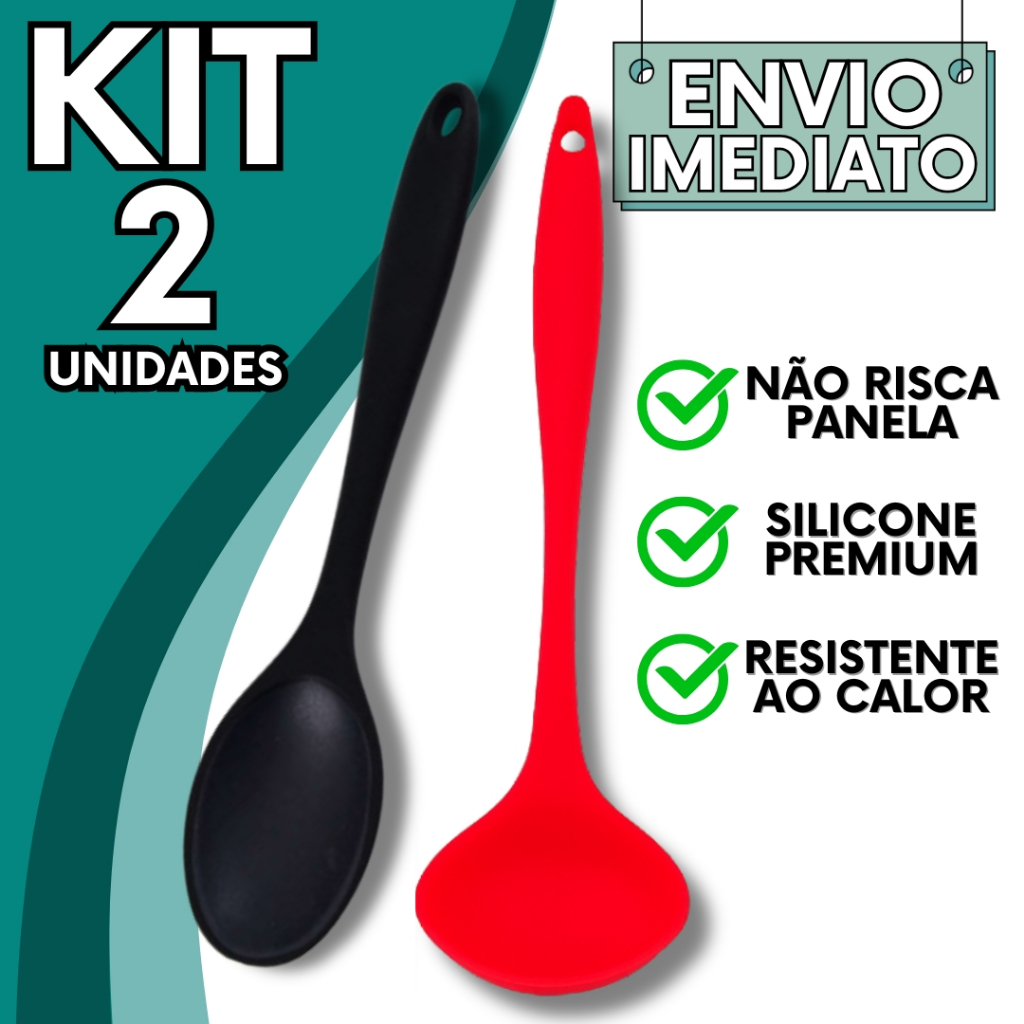 KIT Jogo 2 Utensílios de Cozinha em Silicone Colher de Arroz + Concha GRANDE Antiaderente Resistente Não Risca Panela