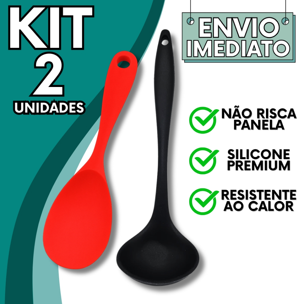 KIT Jogo 2 Utensílios de Cozinha em Silicone Colher de Servir + Concha GRANDE Antiaderente Resistente Não Risca Panela
