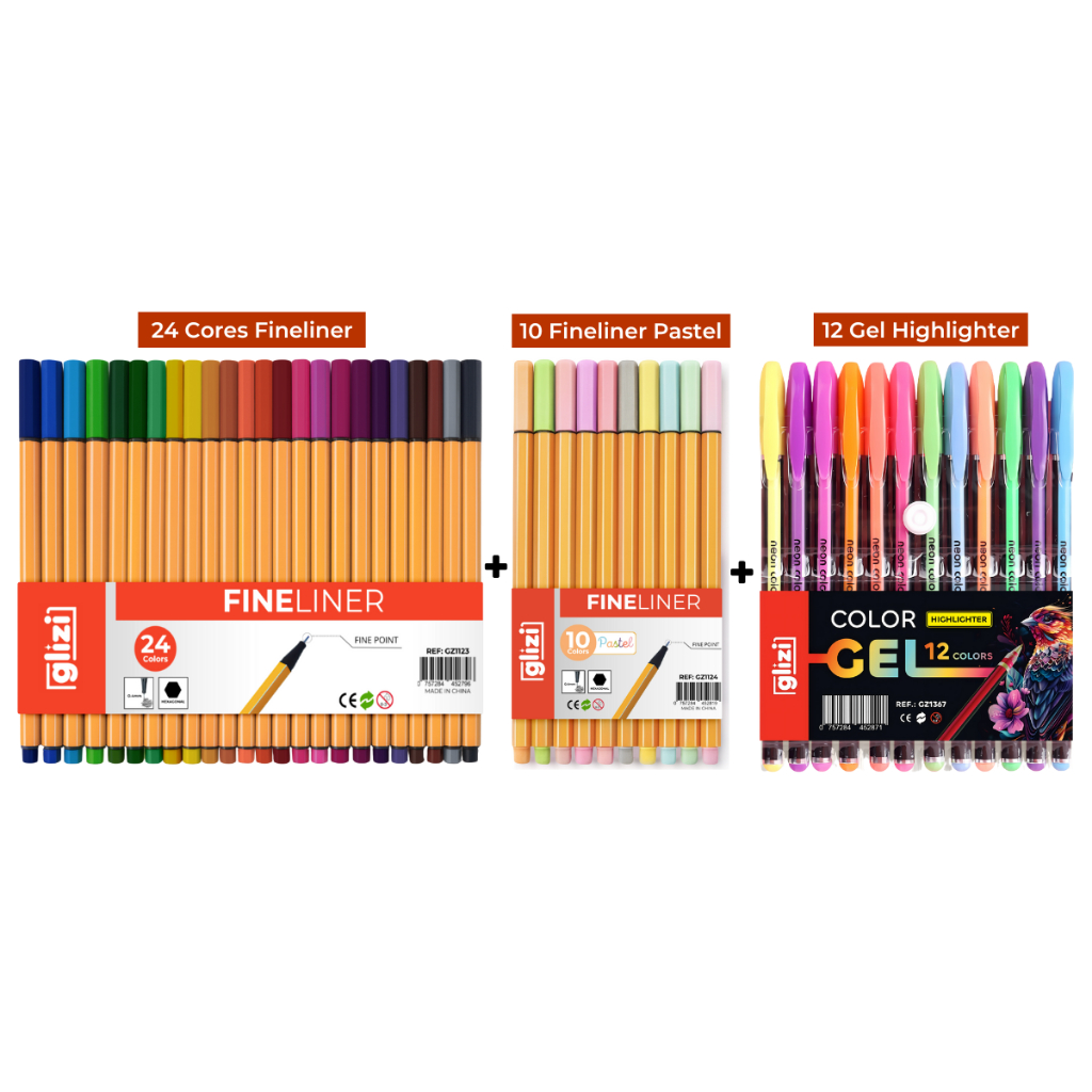Kit Canetas Coloridas Ponta Fina 24 Cores + 10 Cores Pastel + 12 Gel Pastel ou Neon em Oferta na Shopee