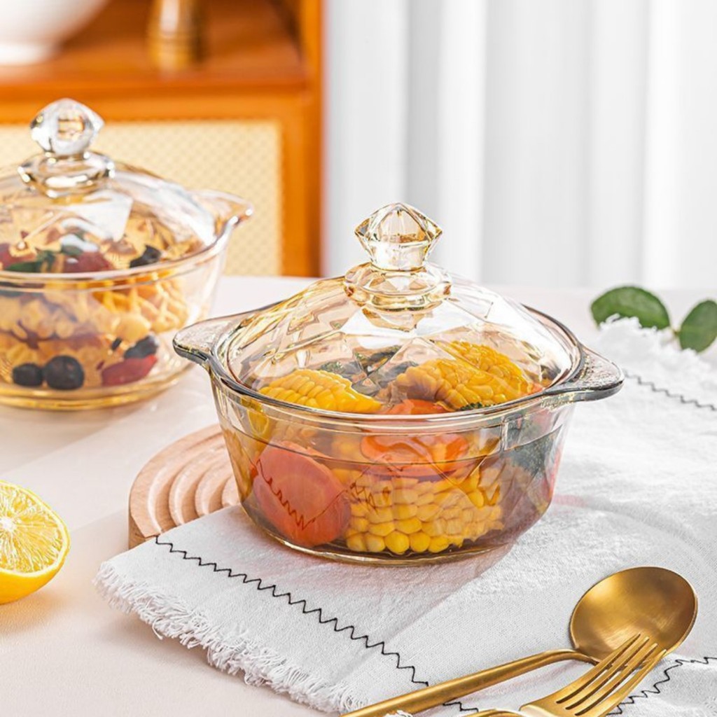 Travessa de Vidro c/ Tampa 900ml Diamond, com Alças, Resistente ao calor, Micro-ondas, Pot...