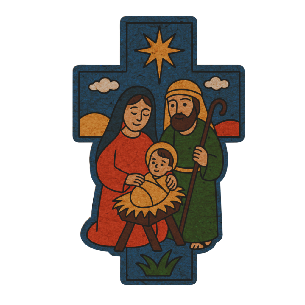 Cruz Decorativa Natalina – Sagrada Família em MDF 6mm com Impressão UV (4 Cores Disponíveis)