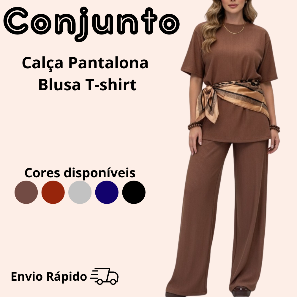Conjunto Calça Pantalona com Blusa T-shirt alongada Estilo & Conforto em Oferta na Shopee