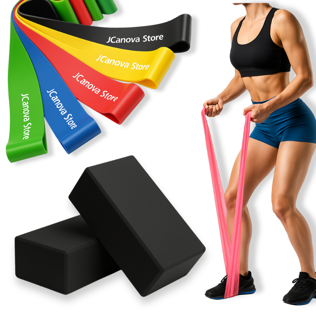 Imagem Kit Yoga Completo 2 Blocos + 2 Faixas + 5 Minibands Estabilidade Alongamento e Força