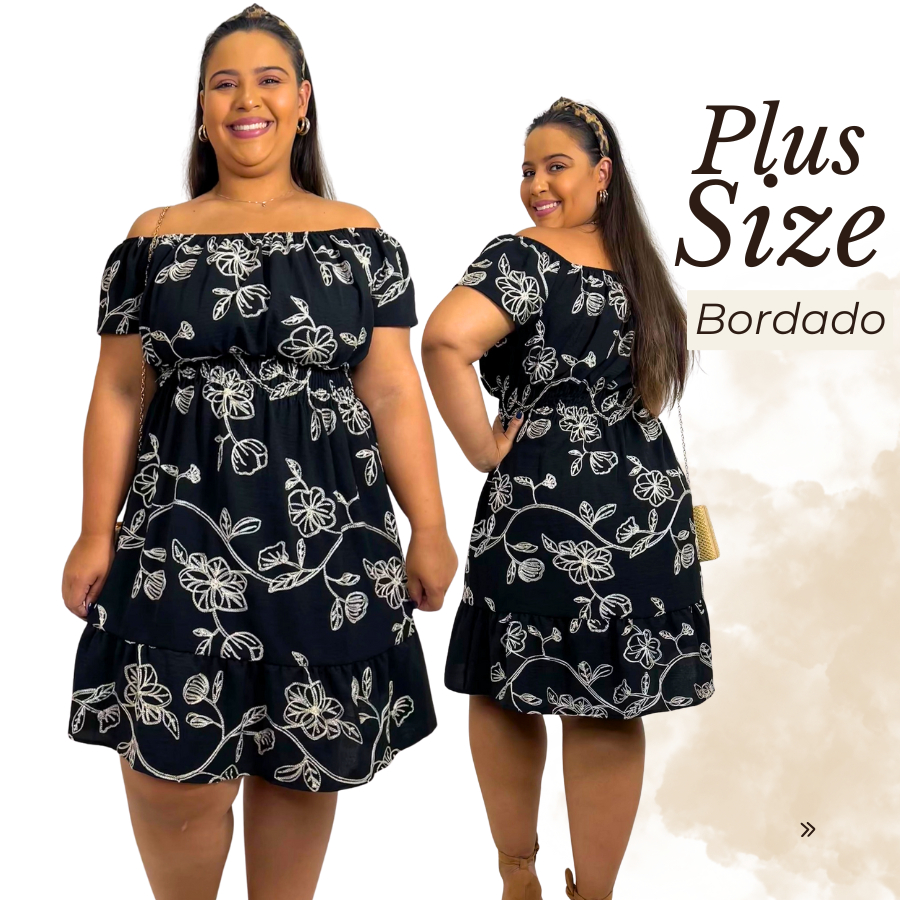 Vestido Curto Plus Size Feminino Ciganinha Bordado Estilo Verão Leve  Moderno Casual Festa