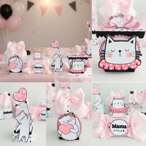 KIT MONTADO - kit personalizados GATINHA BRANCA, lembrancinhas caixinhas mimos de aniversário festa infantil