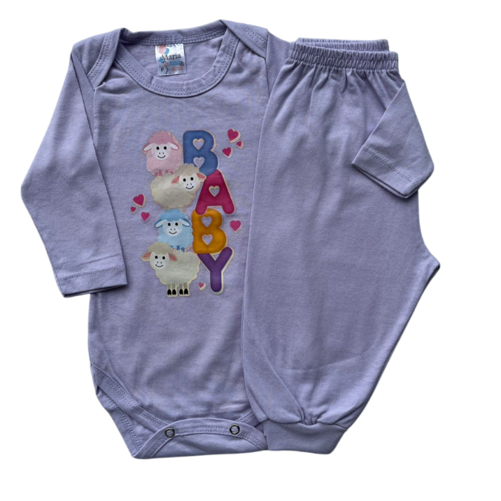 Conjunto Bebê Body Menina Estampado com Transfer Manga Longa e Calça. ESTAMPAS SORTIDAS
