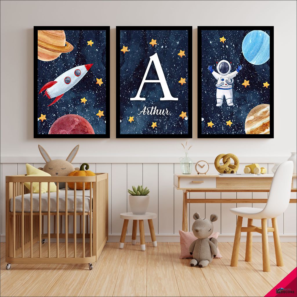 quadro infantil decorativo personalizado astronauta foguete espaço nome
