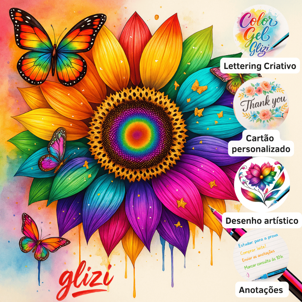 Kit com 12/24/36/48 Cores Caneta Gel ColorGel Tinta Glitter Pastel Neon Metal Escolar