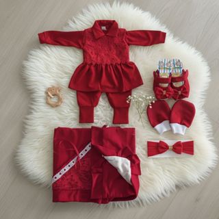 Saída Maternidade Luxo Vermelha Menina Kit Completo com 6 Peças 100% Algodão Pronta entrega Recém Nascido Feminino em Oferta na Shopee